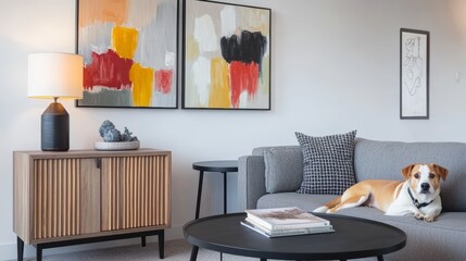 Stylish and scandinavian living room interior of modern apartment with gray sofa design wooden commode black table lamp abstract paintings on the wall Beautiful dog lying on the couch Home decor