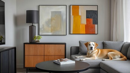 Stylish and scandinavian living room interior of modern apartment with gray sofa design wooden commode black table lamp abstract paintings on the wall Beautiful dog lying on the couch Home decor