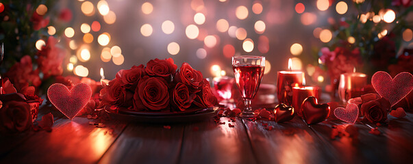 A romantic setup with roses, candles, and heart decorations for special occasions.