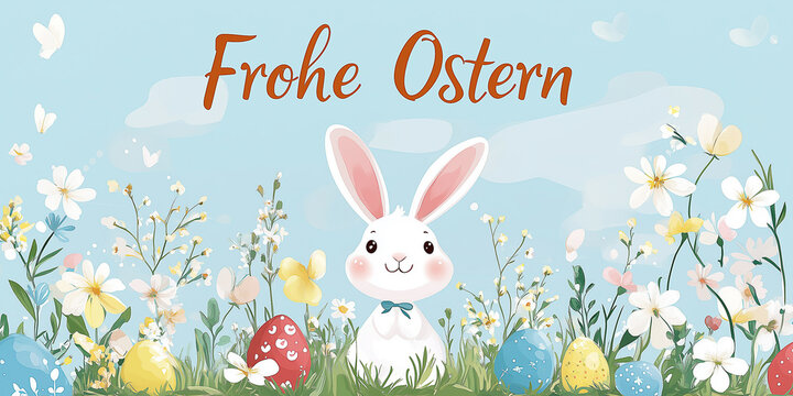 Frohe Ostern - Karte gezeichneter Osterhase mit Ostereier. Ostergr&uuml;sse im Comicstil mit freundlichen Osterhasen.