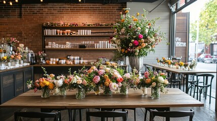 Floral arrangement display, cafe, rustic interior, event