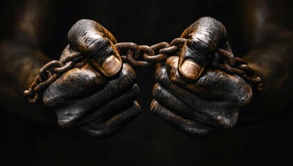 Fototapeta premium Strong hands tightly hold a rusted chain, representing the ongoing fight for racial equality. The dark background emphasizes the urgency of the Black Lives Matter movement
