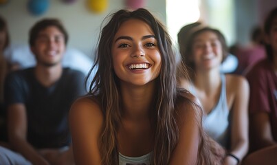 Fototapeta premium A group of college friends sitting in a dorm room, their faces filled with laughter and joy after a successful practical joke, with relaxed, natural body language