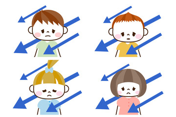 下向きの矢印としょんぼりかわいいキッズ