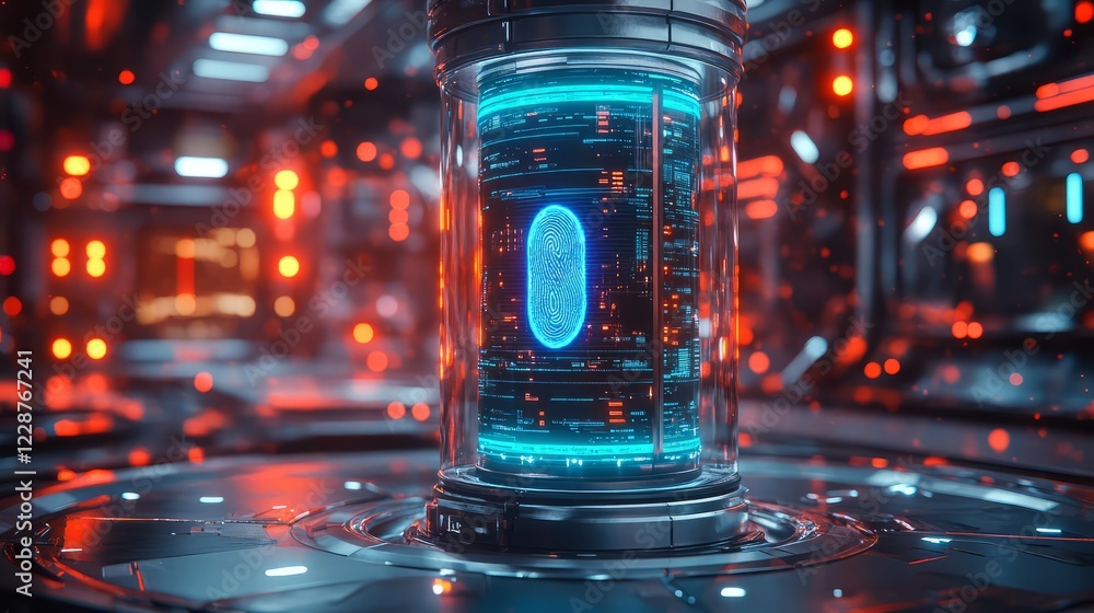 Poster futuristic data center with glowing digital interfaces and high-tech machinery.