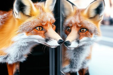 Obraz premium Urban Wildlife in Action Concept. Fox gazing at its reflection in a glass surface