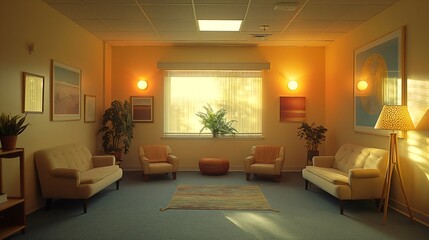 Fototapeta premium Softly lit therapy office featuring comfortable seating and calming artwork creates a welcoming environment for open communication and emotional support, enhancing mental health care