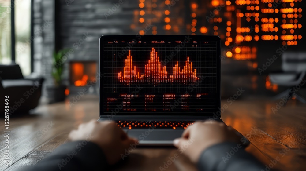 Aufkleber person analyzing data on laptop with vibrant graphs in a modern workspace.