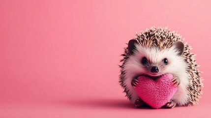 A charming hedgehog cuddling a small plush heart pink background, romantic pet valentines day love