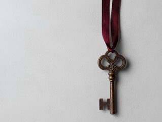 Antique key with burgundy ribbon on white background