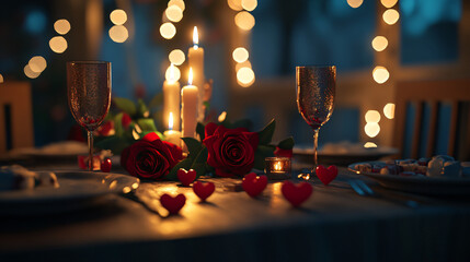 A romantic dinner setting with candles and elegant decor for a special occasion.