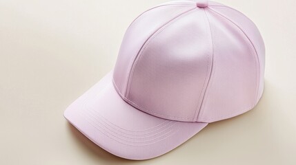Fototapeta premium Minimalist trucker hat mock up concept. Shiny pink cap with a textured surface on a neutral background