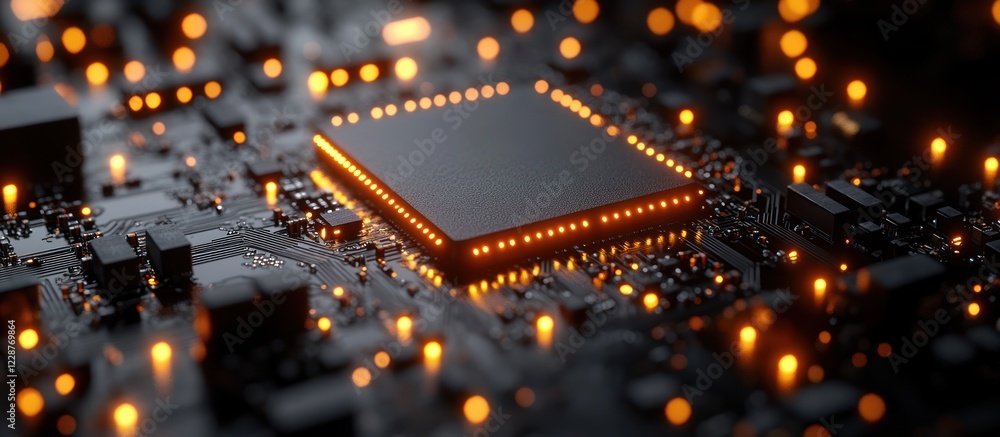 Poster illuminated microchip on circuit board.