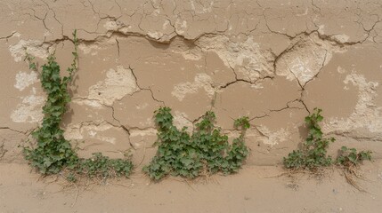 Naklejka premium Weathered wall with cracks and small plants growing in them