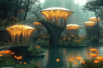An enchanting floating garden suspended in mid-air, brimming with radiant bioluminescent flowers that glow softly in twilight. A network of translucent bridges connects smaller floating islands