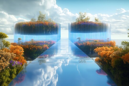 An enchanting floating garden suspended in mid-air, brimming with radiant bioluminescent flowers that glow softly in twilight. A network of translucent bridges connects smaller floating islands