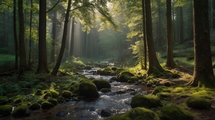 Obraz premium Sunlight filters through the trees in a mystical forest with a flowing stream and mossy rocks
