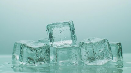 Melting Ice cubes with water drops on a table Clear ice in cube shape Frozen water Ice maker Fake or Artificial acrylic or plastic ice cubes White light blue background