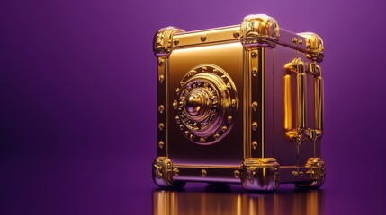 A polished 3D golden safe box, shining and grand, placed on a violet background