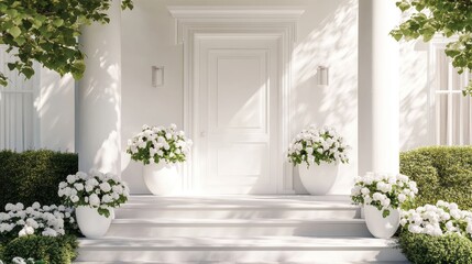Obraz premium White hydrangeas flank a pristine white front door. Perfect for real estate, home decor, or spring themes.