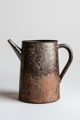 Rustic metal watering can on white background