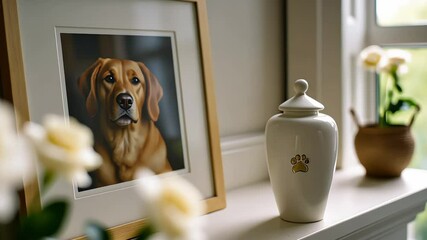 White funeral urn with paw print lid next to framed photo of dog and white roses.Pet memorial, urn with paw print, pet loss tribute, memorial display, peaceful farewell, emotional remembrance, funeral