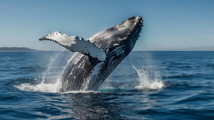 Humpback whale breaching in the vast blue ocean under a clear sky, showcasing its immense size