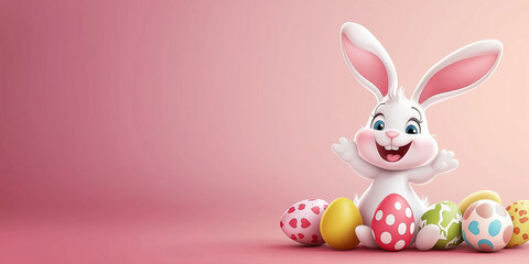 Obraz premium Osterkarte - Lachender Osterhase auf neutralen Hintergrund. Osterbanner. Oster Comic