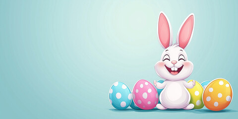 Obraz premium Osterkarte - Lachender Osterhase auf neutralen Hintergrund. Osterbanner. Oster Comic