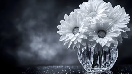 White Chrysanthemums in Crystal Vase with Morning Dew, Symbolizing Purity and Remembrance