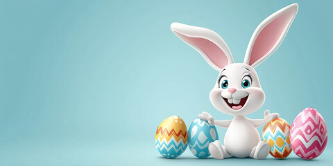 Fototapeta premium Osterkarte - Lachender Osterhase auf neutralen Hintergrund. Osterbanner. Oster Comic