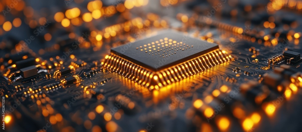 Poster illuminated microchip on circuit board.