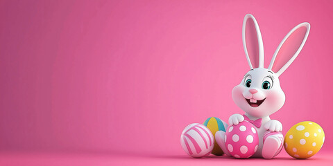 Obraz premium Osterkarte - Lachender Osterhase auf neutralen Hintergrund. Osterbanner. Oster Comic