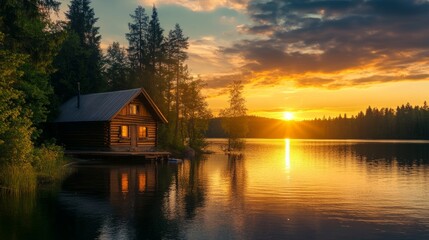 Fototapeta premium A cozy cabin by the lake under a golden summer sunset, inspiring serene getaways,
