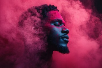 Fototapeta premium An ethereal portrait of a male figure with red and pink powder, ideal for artistic projects, fashion campaigns, or mystical event promotions.