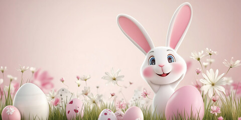 Obraz premium Osterkarte - Lachender Osterhase auf neutralen Hintergrund. Osterbanner. Oster Comic