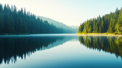 Fototapeta premium A serene lake with environmental conservation symbols.