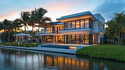 Fototapeta premium Hollywood beach in north Miami Florida with Intracoastal water canal Stranahan river and view of waterfront property modern mansions villas houses with palm trees reflection at sunset