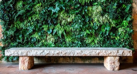 Fototapeta premium Stone bench in front of a green wall