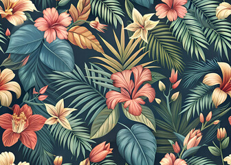 Tropical Flowers and Leaves Seamless Pattern . Floral Design