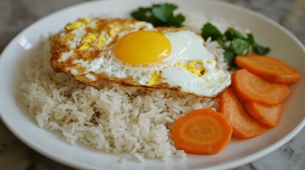 Thai Fried rice with egg and sliced carrot in white plateEasy cooking food