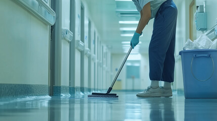 A man is mopping the floor with a mop