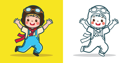 a kid wearing a classic pilot helmet jumping for design element or coloring book element