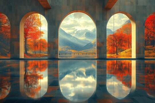 Surrealist photography, modern high-tech windows and other reflections of tranquil meadow scenes, the peace of sky and clouds, a bridge made of light, celestial light coming down from the sky