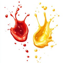 Red and yellow sauce splashes against white, food advertising
