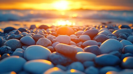 Obraz premium Sunset beach pebbles, ocean waves, serenity