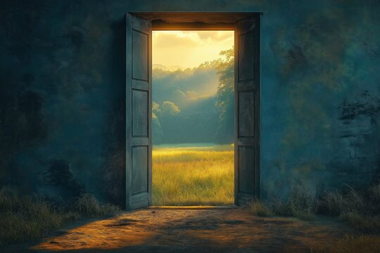 Surrealist photography, modern high-tech windows and other reflections of tranquil meadow scenes, the peace of sky and clouds, a bridge made of light, celestial light coming down from the sky