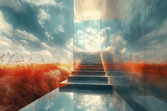 Surrealist photography, modern high-tech windows and other reflections of tranquil meadow scenes, the peace of sky and clouds, a bridge made of light, celestial light coming down from the sky