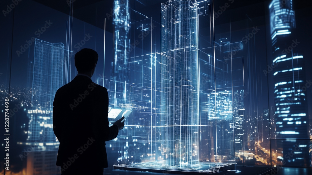 Aufkleber a man is standing in front of a computer screen with a city view