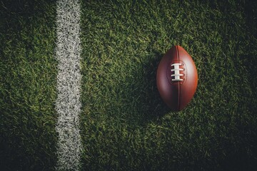 American football on green grass field near white line.